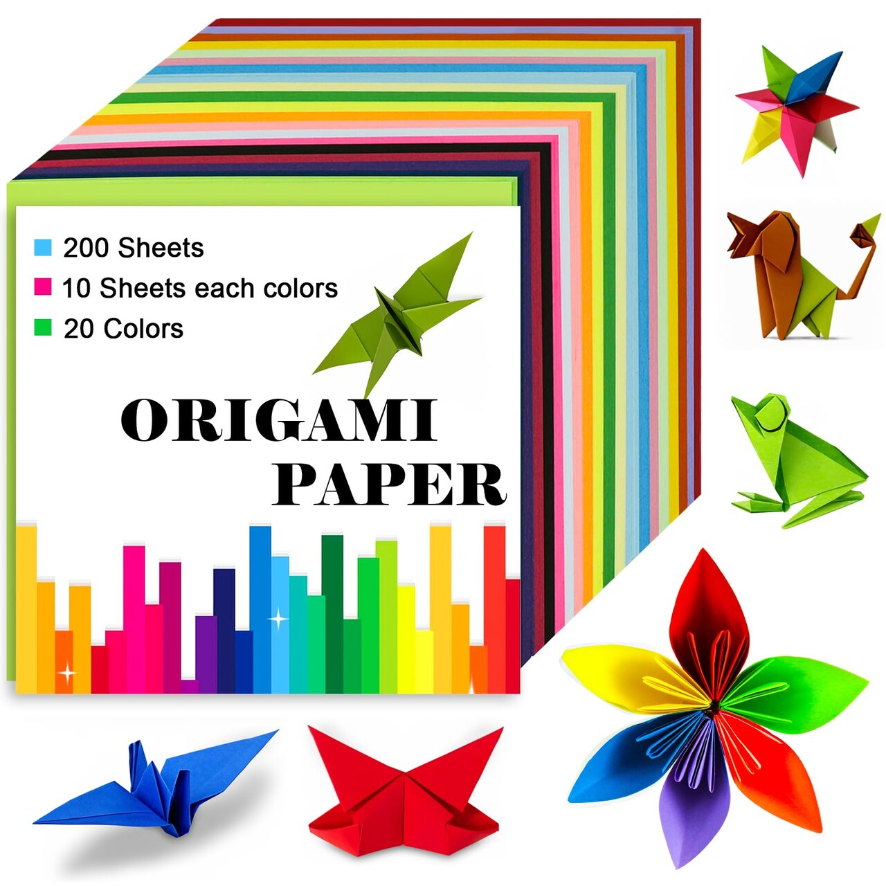 Origami Paper Double Sided Color 200 Sheets,6x6 inch 20 Colors,Origami Paper kit for kids,Colored Paper Kit Gifts for Beginners (Colorful)